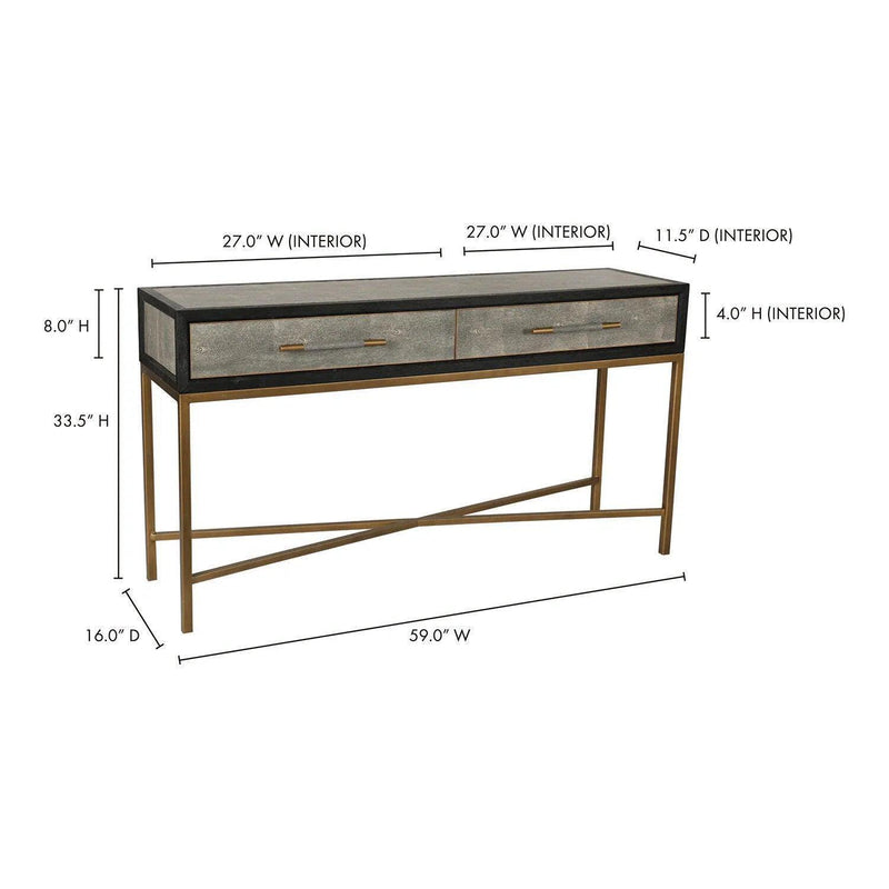 Grey Shagreen Gold Accents Retro Console Table With Drawers Console Tables LOOMLAN By Moe's Home