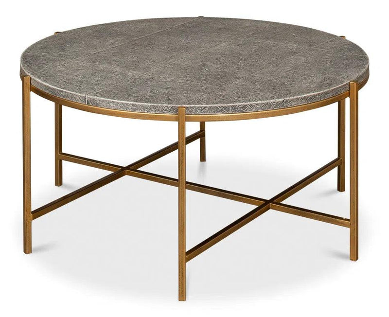 Grey Shagreen Leather Round Coffee Table Coffee Tables LOOMLAN By Sarreid