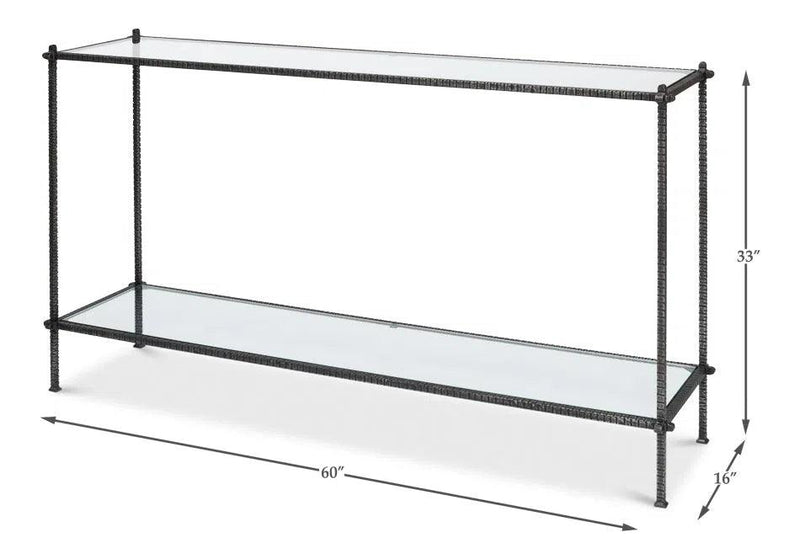 Hand Chased Iron Console Table Glass Top With Shelf Console Tables LOOMLAN By Sarreid