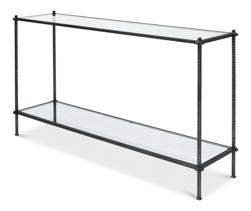 Hand Chased Iron Console Table Glass Top With Shelf Console Tables LOOMLAN By Sarreid