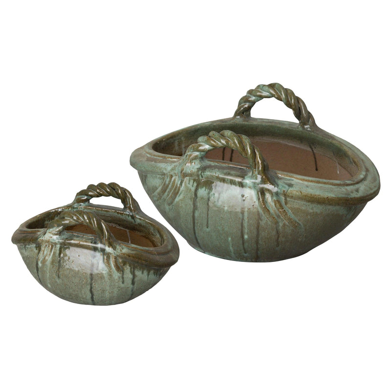 Handle Basket Oval Ceramic Planter Outdoor Planters LOOMLAN By Emissary