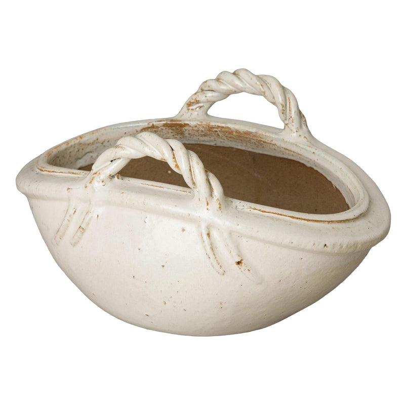 Handle Basket Oval Ceramic Planter Outdoor Planters LOOMLAN By Emissary