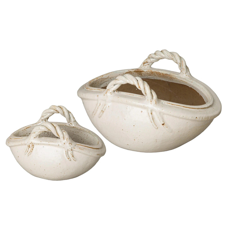 Handle Basket Oval Ceramic Planter Outdoor Planters LOOMLAN By Emissary