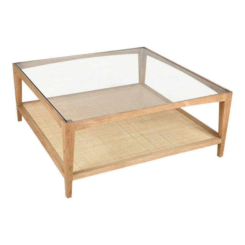 Harrington Rustic Oak Wood Cane and Glass Top Coffee Table Coffee Tables LOOMLAN By Moe's Home