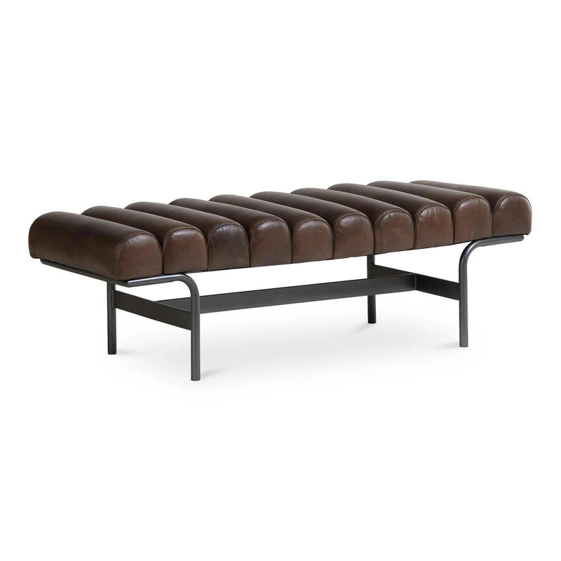 Harrison Top-Grain Buffalo Leather and Iron Dark Brown Bench Bedroom Benches LOOMLAN By Moe's Home