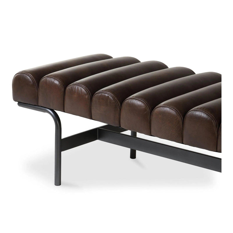 Harrison Top-Grain Buffalo Leather and Iron Dark Brown Bench Bedroom Benches LOOMLAN By Moe's Home