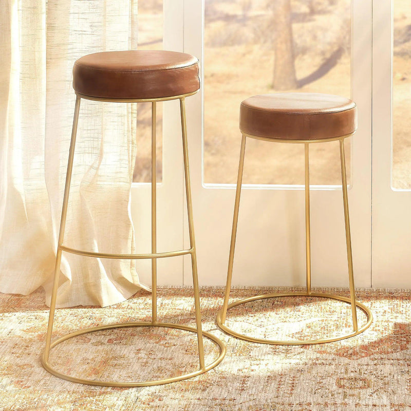 Henry Round Leather Bar Stool - Matte Brown Bar Stools LOOMLAN By Jamie Young