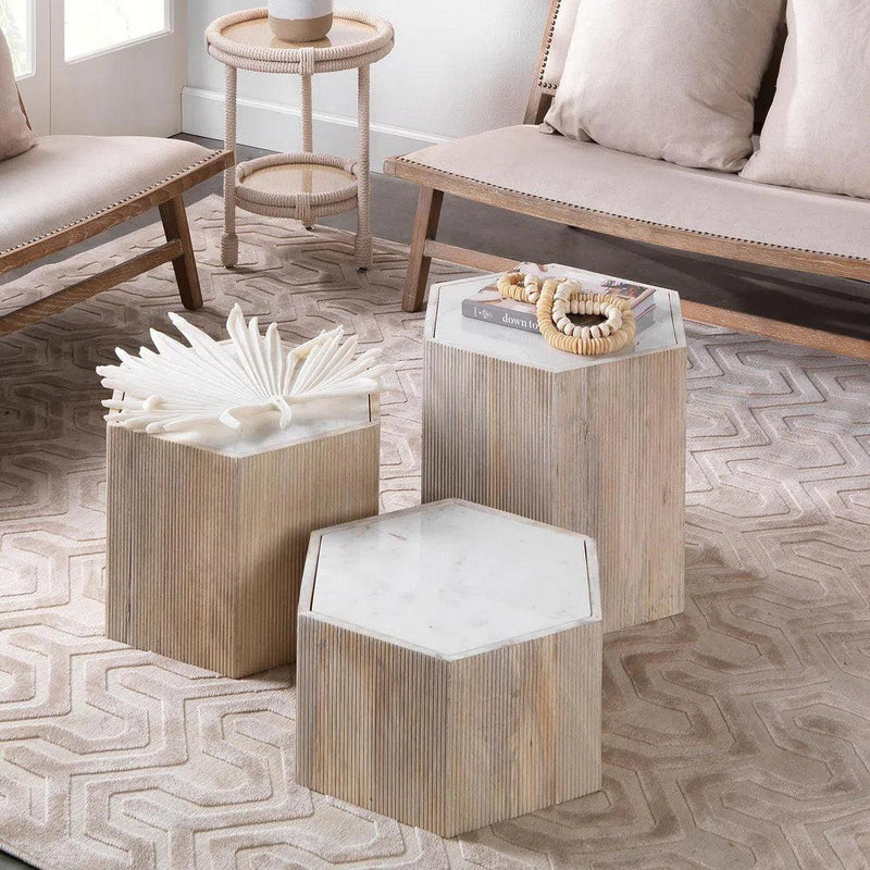 Hexagon Cream Marble Top Solid Wood End Table Argan - Large Side Tables LOOMLAN By Jamie Young