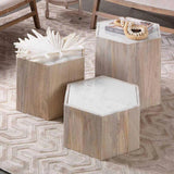 Hexagon Cream Marble Top Solid Wood End Table Argan - Large Side Tables LOOMLAN By Jamie Young