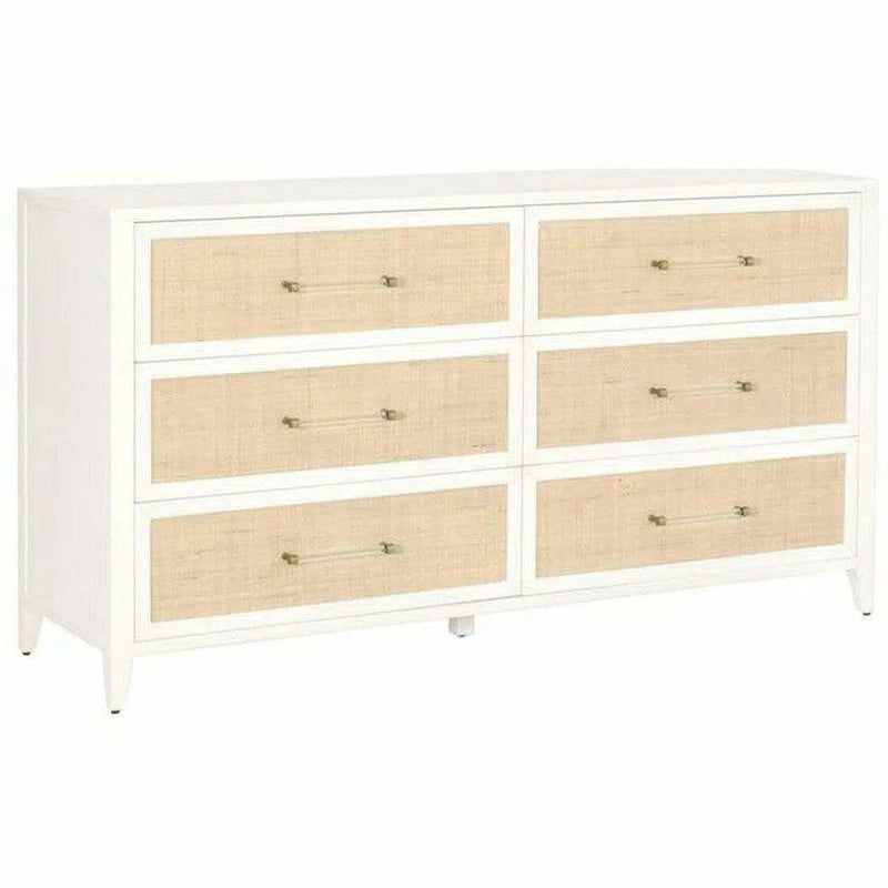 Holland 6-Drawer Double Dresser Matte White Natural Rattan Dressers LOOMLAN By Essentials For Living