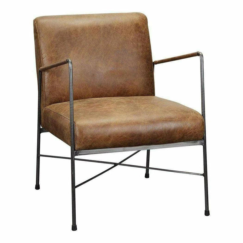 Industrial Brown Leather Accent Side Chairs Over Metal Frame Accent Chairs LOOMLAN By Moe's Home