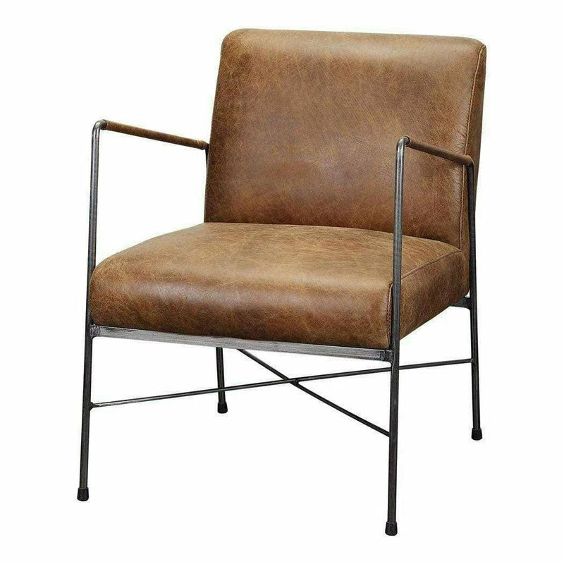 Industrial Brown Leather Accent Side Chairs Over Metal Frame Accent Chairs LOOMLAN By Moe's Home