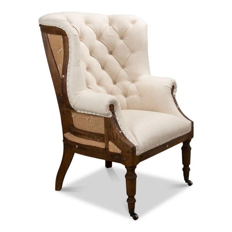 Irish Chair Cream Linen & Burlap Wing Accent Chair Accent Chairs LOOMLAN By Sarreid