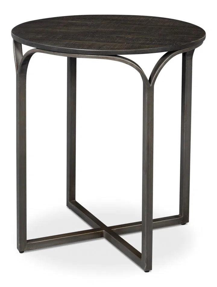 Jeromy Mango Wood and Metal Base Black Round End Table Side Tables LOOMLAN By Sarreid