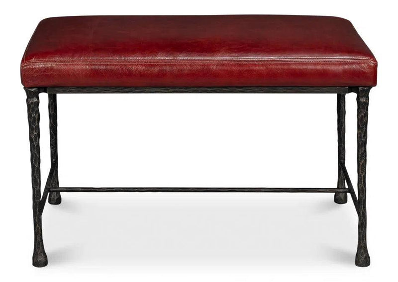 Kings Road Leather and Iron Red Bench Bedroom Benches LOOMLAN By Sarreid