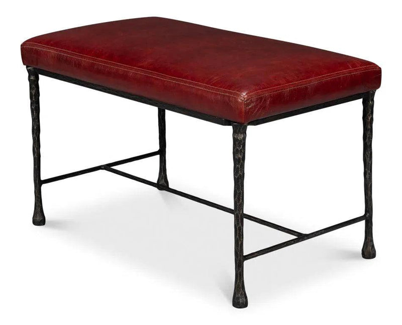 Kings Road Leather and Iron Red Bench Bedroom Benches LOOMLAN By Sarreid