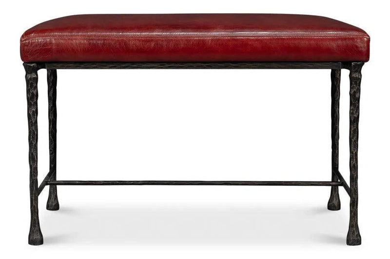 Kings Road Leather and Iron Red Bench Bedroom Benches LOOMLAN By Sarreid