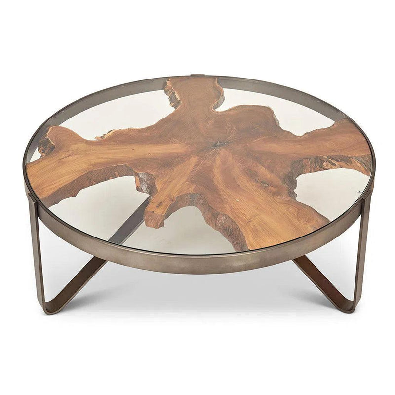 Kullen Solid Teak Wooden Glass Round Coffee Table Coffee Tables LOOMLAN By Urbia