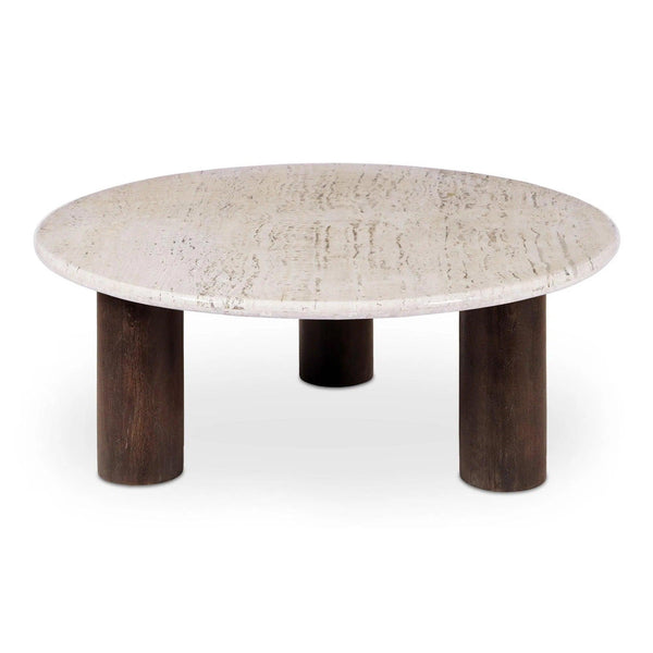 Landon Travertine and Mango Wood Beige Round Coffee Table Coffee Tables LOOMLAN By Moe's Home