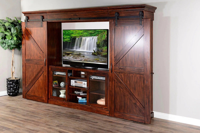 Large Rustic Wood Entertainment Wall Unit With Barn Doors Entertainment Wall Unit LOOMLAN By Sunny D