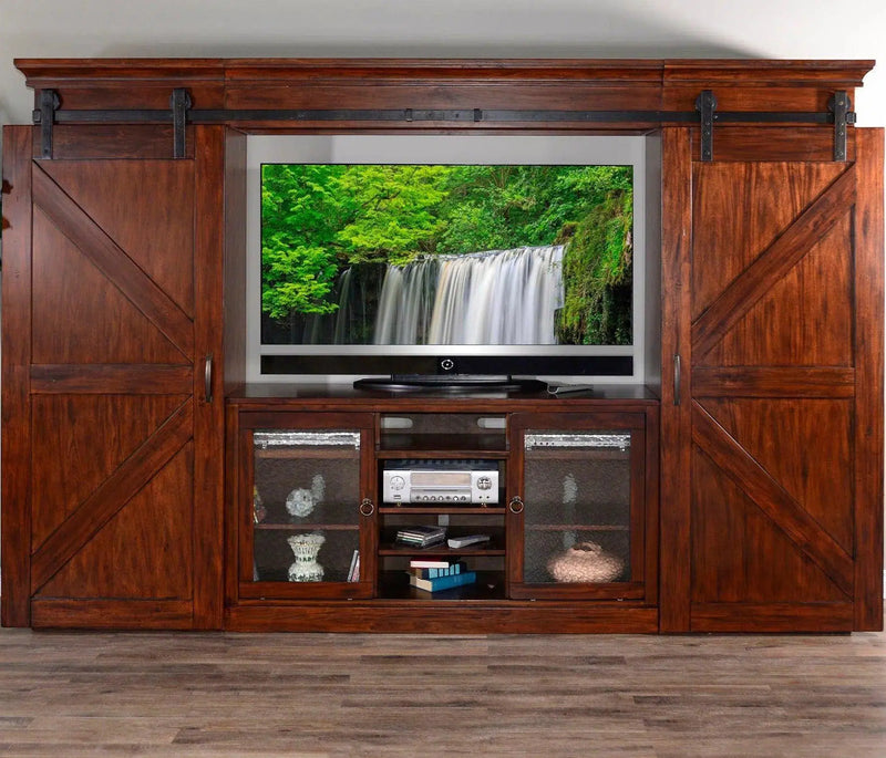 Large Rustic Wood Entertainment Wall Unit With Barn Doors Entertainment Wall Unit LOOMLAN By Sunny D