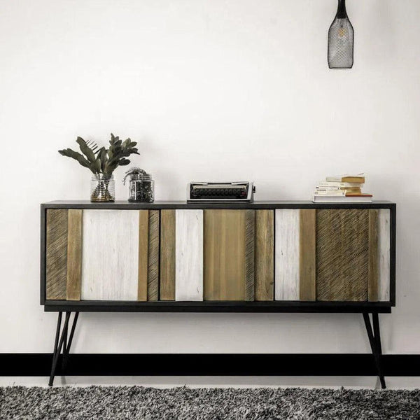 Large Two-Tone Brown Solid Acacia Wood and Iron Base Sideboard Sideboards LOOMLAN By LH Imports