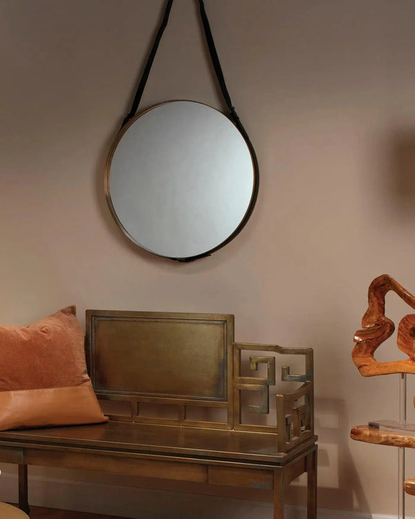 Leather Strap Round Gold Mirror - Large Wall Mirrors LOOMLAN By Jamie Young