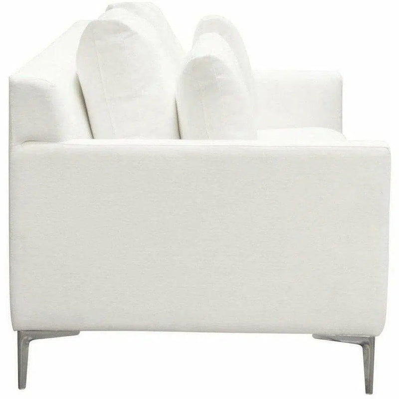 Loose Back Loveseat in White Linen Silver Metal Leg Sofas & Loveseats LOOMLAN By Diamond Sofa