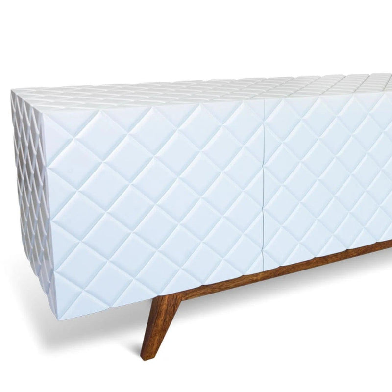 Low Profile White TV Stand Diamond Carved Wood Cabinet Sideboards LOOMLAN By Victor Betancourt