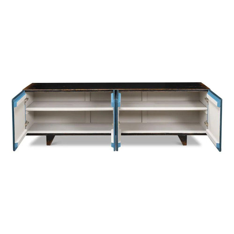 Low Wall Console TV Stand Distressed Blue Reclaimed Wood TV Stands & Media Centers LOOMLAN By Sarreid