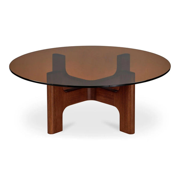 Luke Tempered Glass and Rubber Wood Brown Round Coffee Table Coffee Tables LOOMLAN By Moe's Home