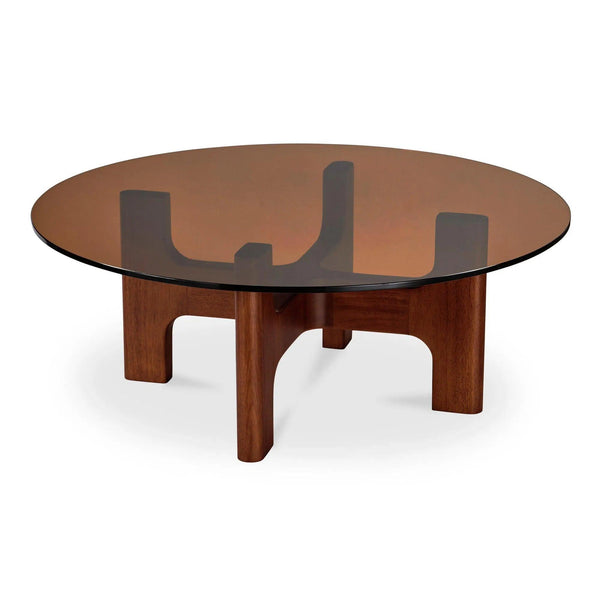 Luke Tempered Glass and Rubber Wood Brown Round Coffee Table Coffee Tables LOOMLAN By Moe's Home