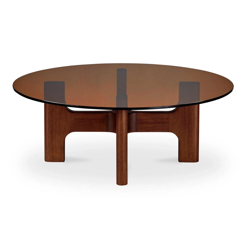 Luke Tempered Glass and Rubber Wood Brown Round Coffee Table Coffee Tables LOOMLAN By Moe's Home