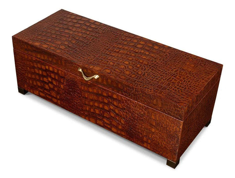 Lyle Croco Embossed Leather Over Wood Reddish Brown Box Boxes & Bowls LOOMLAN By Sarreid