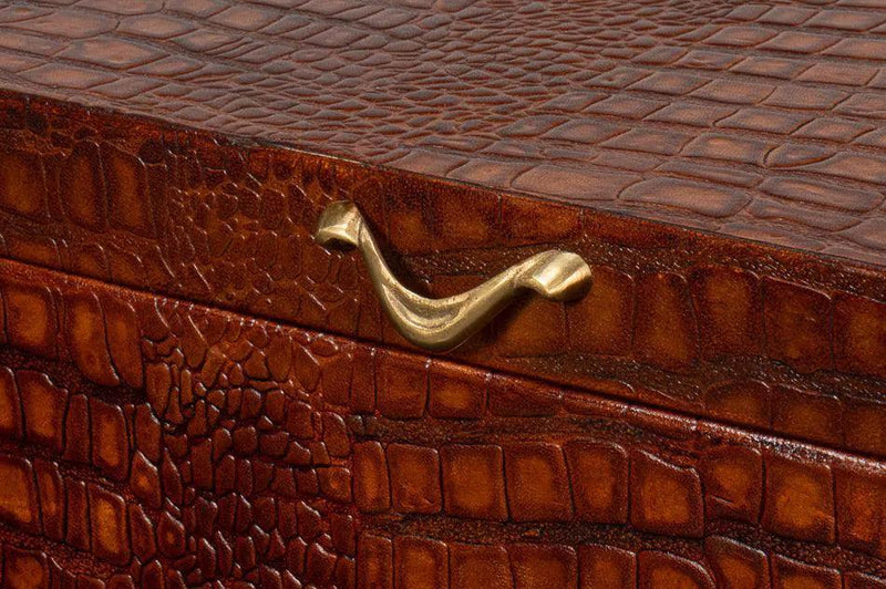 Lyle Croco Embossed Leather Over Wood Reddish Brown Box Boxes & Bowls LOOMLAN By Sarreid