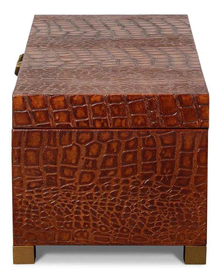 Lyle Croco Embossed Leather Over Wood Reddish Brown Box Boxes & Bowls LOOMLAN By Sarreid