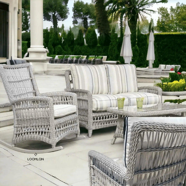 Mackinac Wicker Rocking Porch Lounge Set With Cushions Lloyd Flanders Outdoor Lounge Sets LOOMLAN By Lloyd Flanders