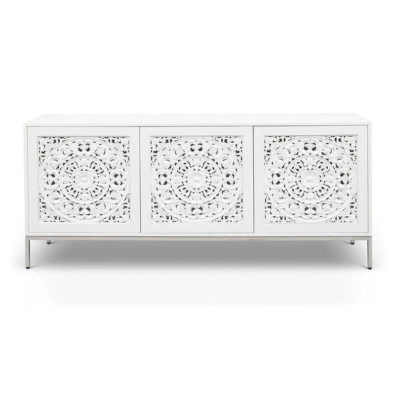 Maya Polished Chrome Based Wooden White Buffet Buffets LOOMLAN By Urbia