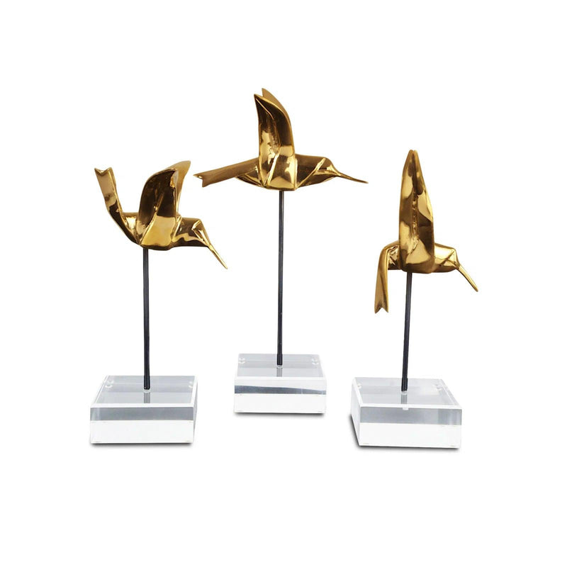 Metal and Acrylic Gold Hummingbirds Sculpture Set of 3 Statues & Sculptures LOOMLAN By Currey & Co