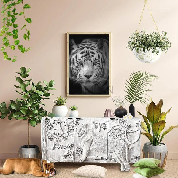 Mother Nature 60" White Sideboard Hand Carved Tiger Front Doors Sideboards LOOMLAN By LOOMLAN