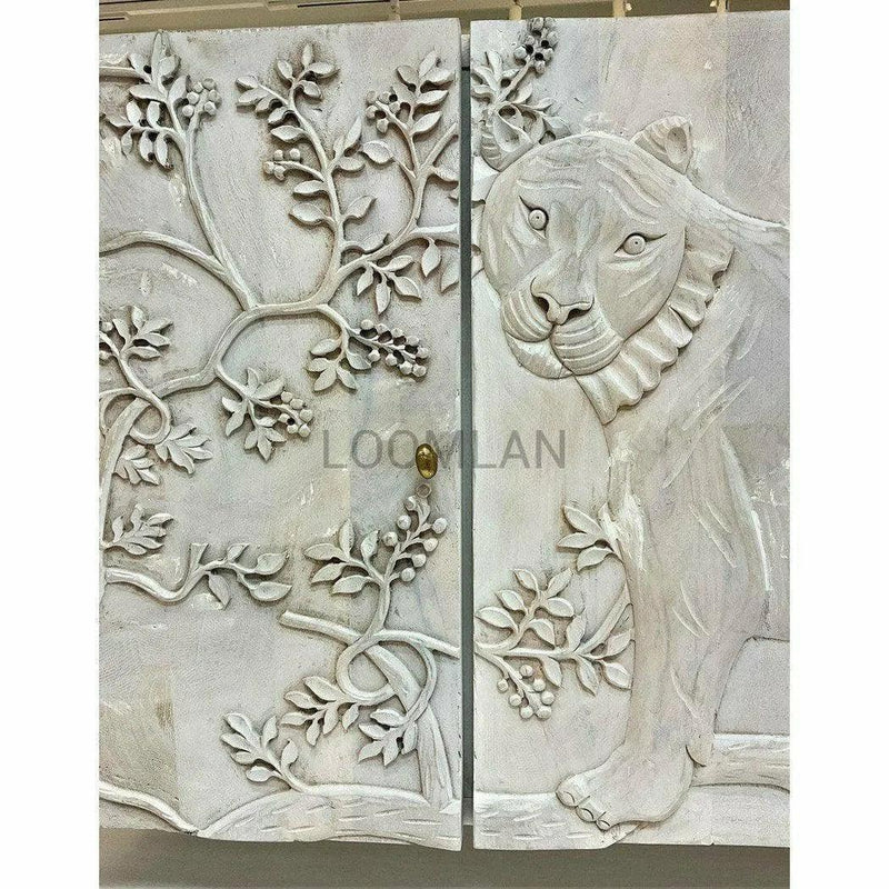 Mother Nature 60" White Sideboard Hand Carved Tiger Front Doors Sideboards LOOMLAN By LOOMLAN