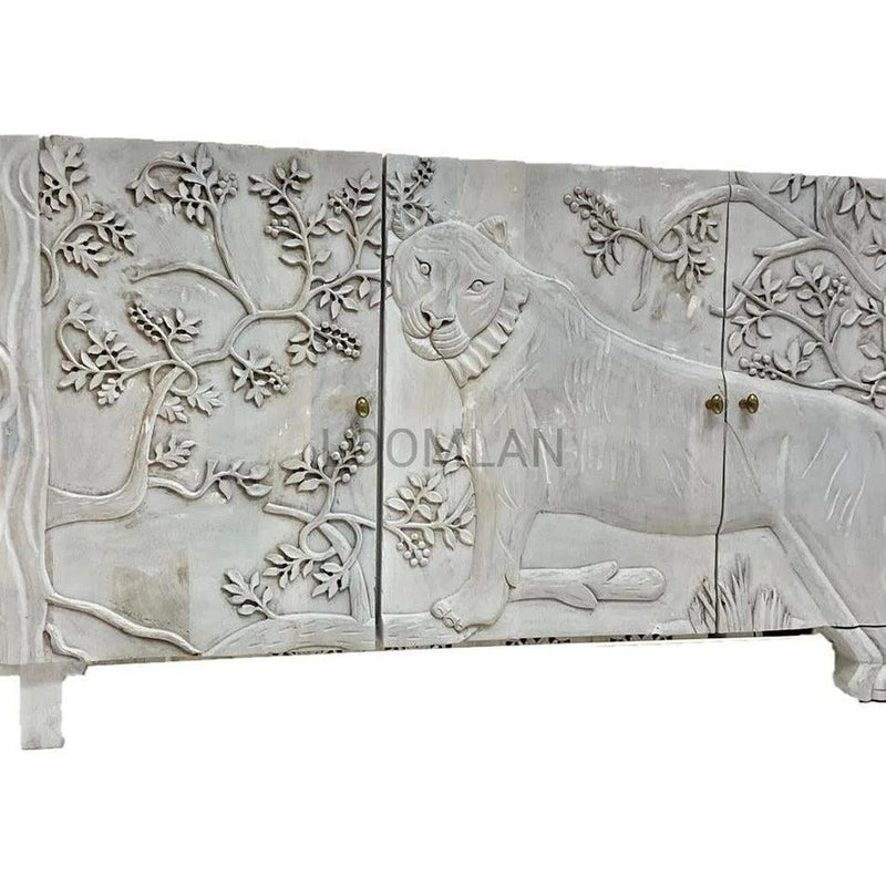 Mother Nature 60" White Sideboard Hand Carved Tiger Front Doors Sideboards LOOMLAN By LOOMLAN