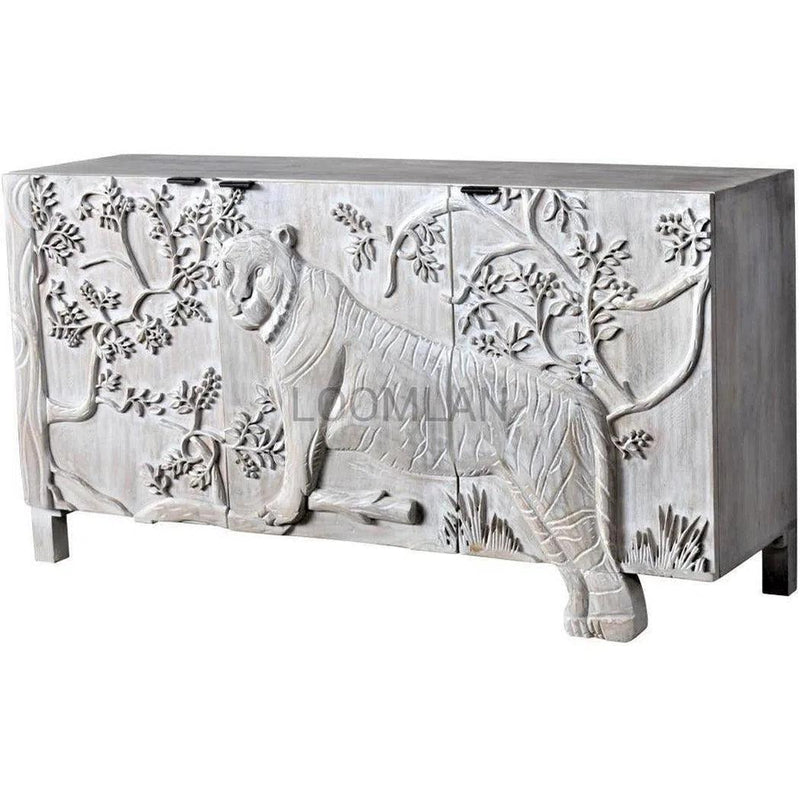 Mother Nature 60" White Sideboard Hand Carved Tiger Front Doors Sideboards LOOMLAN By LOOMLAN