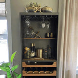 Narrow and Tall Retro Bar Natural Teak and Iron Frame Home Bar Cabinets LOOMLAN By Moe's Home