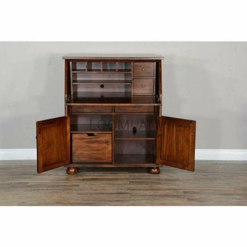 Natural Mindi Wood Dark Stain Armoire Secretary Desk With Hutch Home Office Desks LOOMLAN By Sunny D