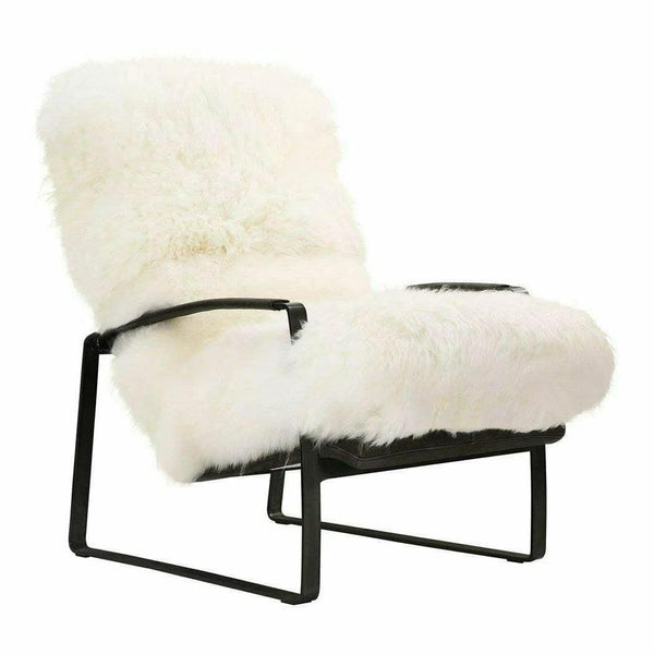 Natural White Sheepskin Feather Filled Accent Slipper Chair Black Metal Frame Accent Chairs LOOMLAN By Moe's Home