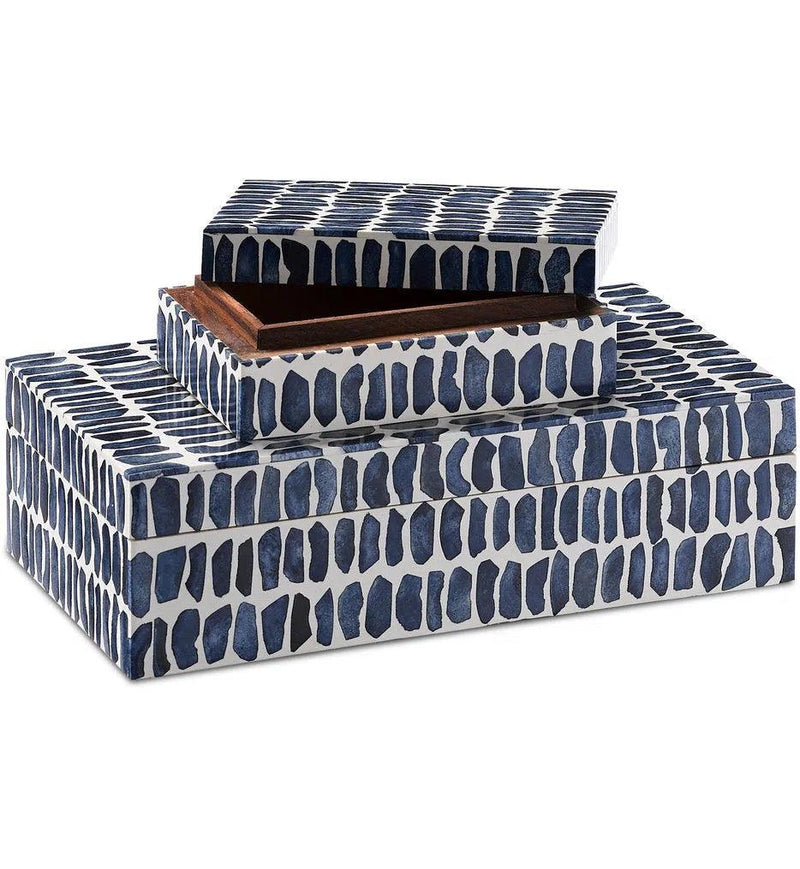 Navy White Natural Indigo Box Set Boxes & Bowls LOOMLAN By Currey & Co