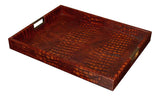 Norton Croco Leather and Brass Reddish Brown Tray Trays LOOMLAN By Sarreid