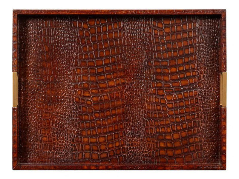 Norton Croco Leather and Brass Reddish Brown Tray Trays LOOMLAN By Sarreid