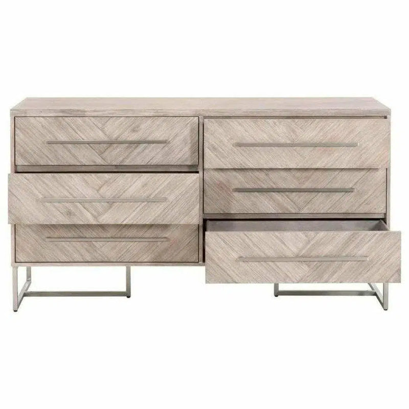 On Stand Mosaic 6-Drawer Double Dresser Acacia Brushed Steel Dressers LOOMLAN By Essentials For Living